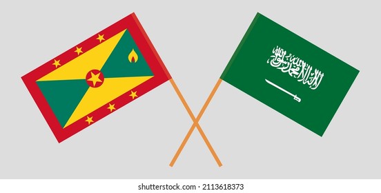 Crossed flags of Grenada and Saudi Arabia. Official colors. Correct proportion. Vector illustration
