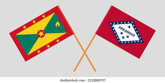 Crossed flags of Grenada and The State of Arkansas. Official colors. Correct proportion. Vector illustration
