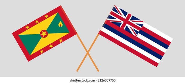 Crossed flags of Grenada and The State Of Hawaii. Official colors. Correct proportion. Vector illustration
