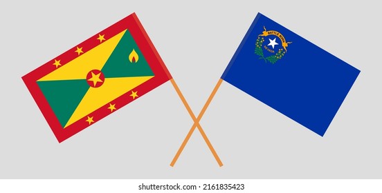 Crossed flags of Grenada and The State of Nevada. Official colors. Correct proportion. Vector illustration
