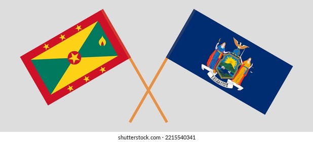 Crossed flags of Grenada and The State of New York. Official colors. Correct proportion. Vector illustration

