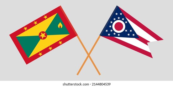 Crossed flags of Grenada and the State of Ohio. Official colors. Correct proportion. Vector illustration
