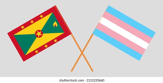 Crossed flags of Grenada and Transgender Pride. Official colors. Correct proportion. Vector illustration
