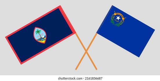 Crossed flags of Guam and The State of Nevada. Official colors. Correct proportion. Vector illustration
