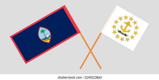 Crossed flags of Guam and the State of Rhode Island. Official colors. Correct proportion. Vector illustration
