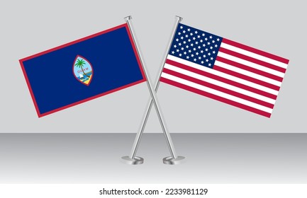 Banderas cruzadas de Guam y Estados Unidos de América (Estados Unidos). Colores oficiales. Proporción correcta. Diseño de pancartas