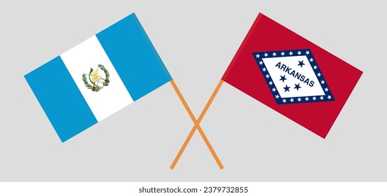 Crossed flags of Guatemala and The State of Arkansas. Official colors. Correct proportion. Vector illustration
