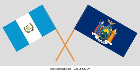 Crossed flags of Guatemala and The State of New York. Official colors. Correct proportion. Vector illustration
