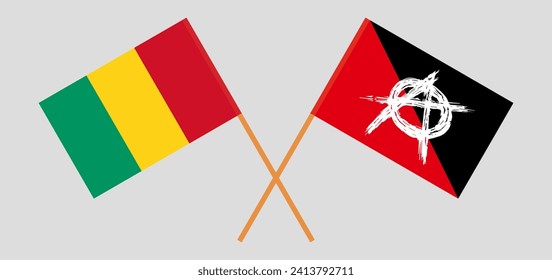 Crossed flags of Guinea and anarchy. Official colors. Correct proportion. Vector illustration
