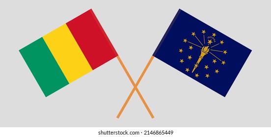 Crossed flags of Guinea and the State of Indiana. Official colors. Correct proportion. Vector illustration
