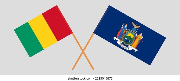 Crossed flags of Guinea and The State of New York. Official colors. Correct proportion. Vector illustration
