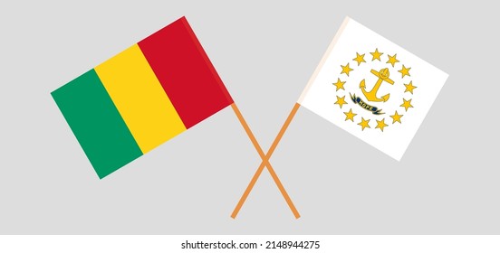Crossed flags of Guinea and the State of Rhode Island. Official colors. Correct proportion. Vector illustration
