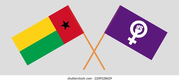 Crossed flags of Guinea-Bissau and Feminism. Official colors. Correct proportion. Vector illustration
