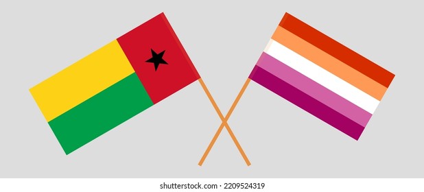 Crossed flags of Guinea-Bissau and Lesbian Pride. Official colors. Correct proportion. Vector illustration
