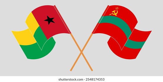 Banderas cruzadas de Guinea-Bissau y Transnistria. Colores oficiales. Proporción correcta. Ilustración vectorial.
