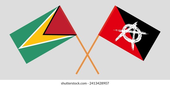 Crossed flags of Guyana and anarchy. Official colors. Correct proportion. Vector illustration
