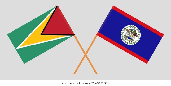 Banderas cruzadas de Guyana y Belice. Colores oficiales. Proporción correcta. Ilustración del vector
