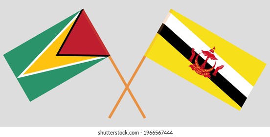 Crossed flags of Guyana and Brunei. Official colors. Correct proportion