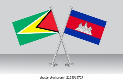 Gekreuzte Flaggen von Guyana und Kambodscha. Offizielle Farben. Richtiger Anteil. Banner-Design