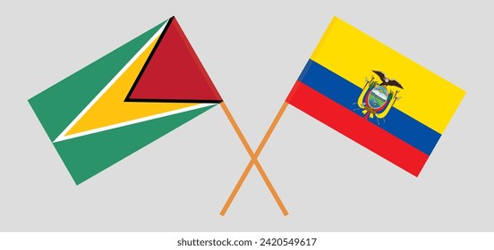 Crossed flags of Guyana and Ecuador. Official colors. Correct proportion. Vector illustration
