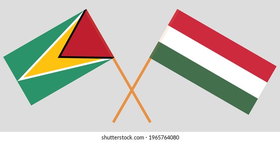 Crossed flags of Guyana and Hungary. Official colors. Correct proportion