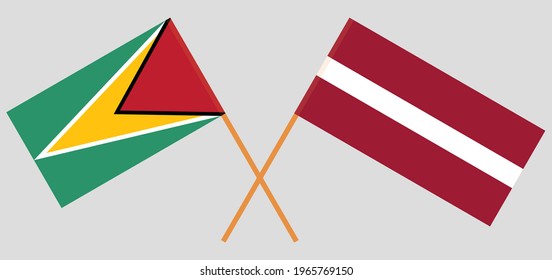 Crossed flags of Guyana and Latvia. Official colors. Correct proportion