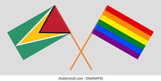 Crossed flags of Guyana and LGBTQ. Official colors. Correct proportion. Vector illustration