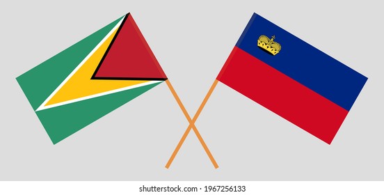 Crossed flags of Guyana and Liechtenstein. Official colors. Correct proportion