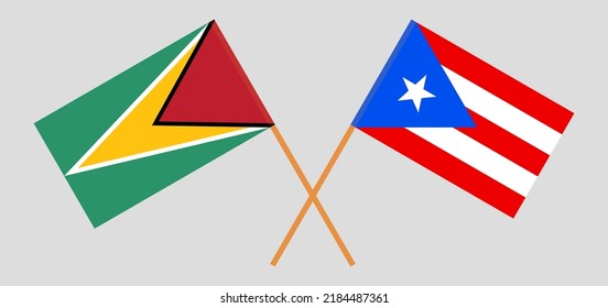 Gekreuzte Flaggen von Guyana und Puerto Rico. Offizielle Farben. Richtiger Anteil. Vektorgrafik
