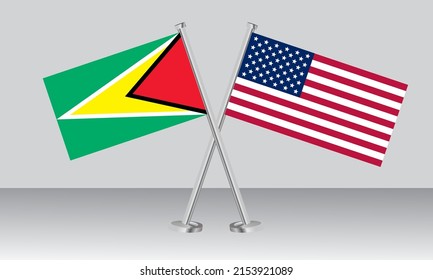 Banderas cruzadas de Guyana y del Estado de América (Estados Unidos). Colores oficiales. Proporción correcta. Diseño de pancartas