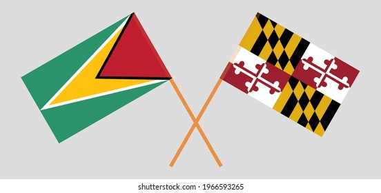 Crossed flags of Guyana and the State of Maryland. Official colors. Correct proportion