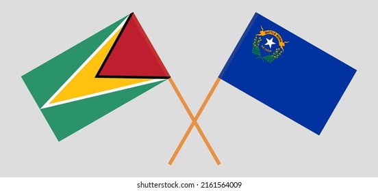 Gekreuzte Flaggen von Guyana und dem Staat Nevada. Offizielle Farben. Richtiger Anteil