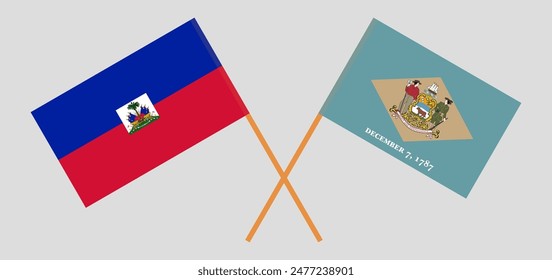 Crossed flags of Haiti and The State of Delaware. Official colors. Correct proportion. Vector illustration
