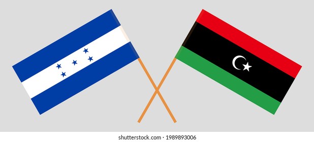 Banderas cruzadas de Honduras y Libia. Colores oficiales. Proporción correcta