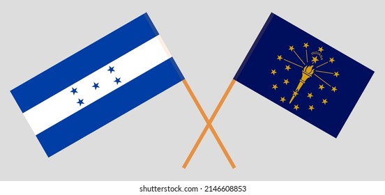 Crossed flags of Honduras and the State of Indiana. Official colors. Correct proportion. Vector illustration

