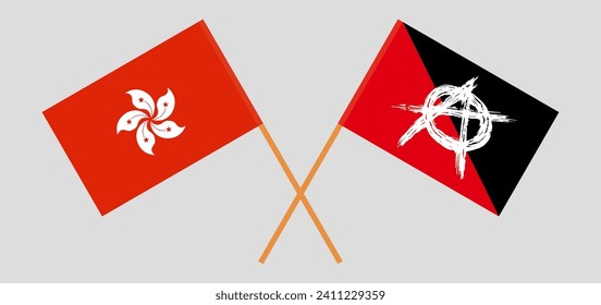 Crossed flags of Hong Kong and anarchy. Official colors. Correct proportion. Vector illustration
