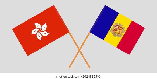 Crossed flags of Hong Kong and Andorra. Official colors. Correct proportion