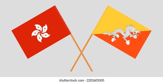 Crossed flags of Hong Kong and Bhutan. Official colors. Correct proportion. Vector illustration
