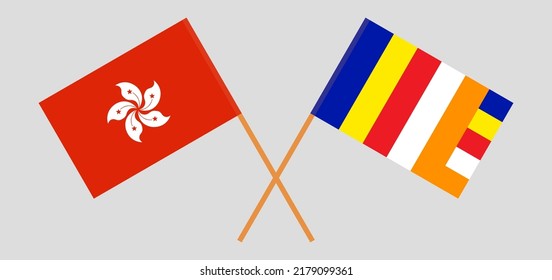 Crossed flags of Hong Kong and Buddhism. Official colors. Correct proportion. Vector illustration
