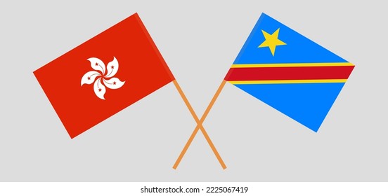 Crossed flags of Hong Kong and Democratic Republic of the Congo. Official colors. Correct proportion. Vector illustration
