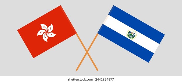 Crossed flags of Hong Kong and El Salvador. Official colors. Correct proportion. Vector illustration
