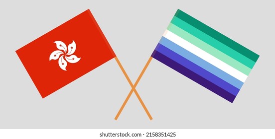 Crossed flags of Hong Kong and gay men pride. Official colors. Correct proportion. Vector illustration
