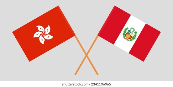 Crossed flags of Hong Kong and Peru. Official colors. Correct proportion. Vector illustration
