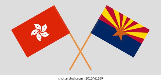 Banderas cruzadas de Hong Kong y el estado de Arizona. Colores oficiales. Proporción correcta