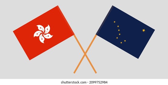 Crossed flags of Hong Kong and the State of Alaska. Official colors. Correct proportion. Vector illustration
