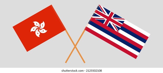 Crossed flags of Hong Kong and The State Of Hawaii. Official colors. Correct proportion. Vector illustration
