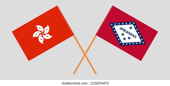 Crossed flags of Hong Kong and The State of Arkansas. Official colors. Correct proportion. Vector illustration
