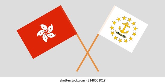 Banderas cruzadas de Hong Kong y el estado de la isla Rhode. Colores oficiales. Proporción correcta. Ilustración del vector

