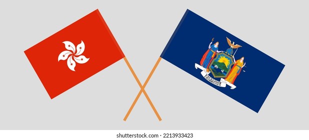 Crossed flags of Hong Kong and The State of New York. Official colors. Correct proportion. Vector illustration
