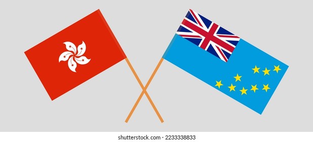 Crossed flags of Hong Kong and Tuvalu. Official colors. Correct proportion. Vector illustration
